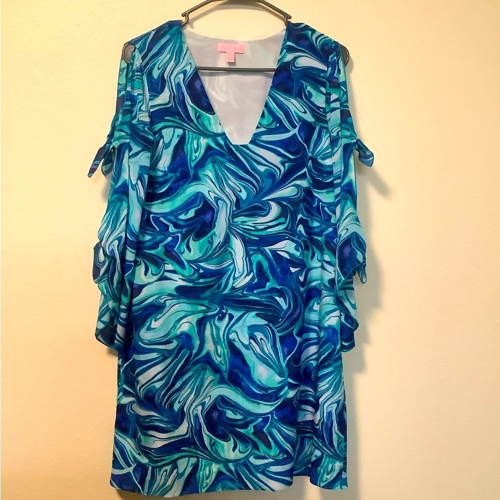 Lilly Pulitzer Avila stretch 90% silk blue ocean wave’s small resort wear dress